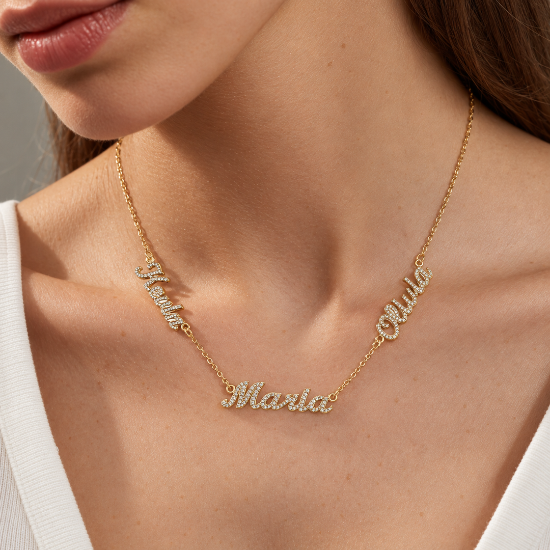 Fully iced out Three names necklace