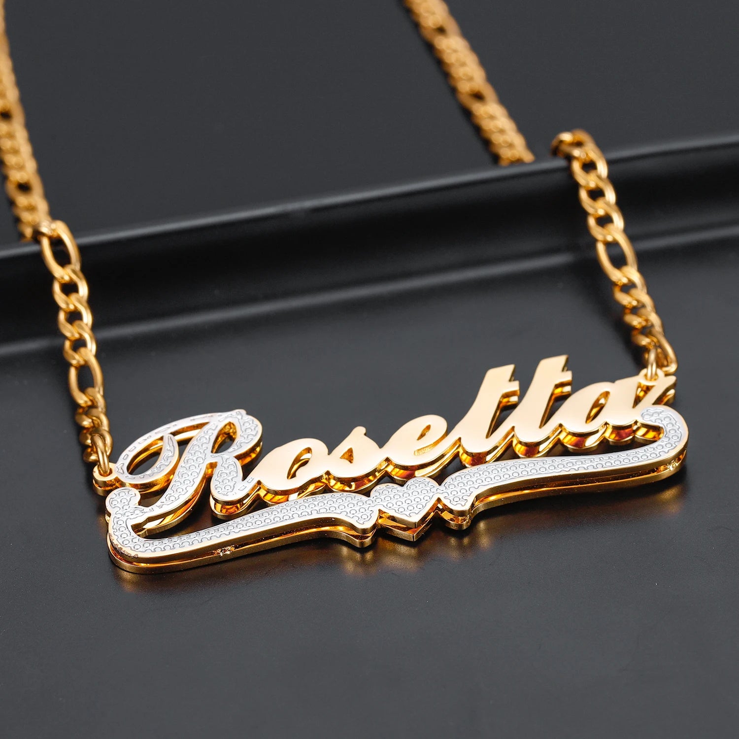 Sparkling Personalized 3D Double Plate Heart Name Necklace - Two Tone Gold Plated