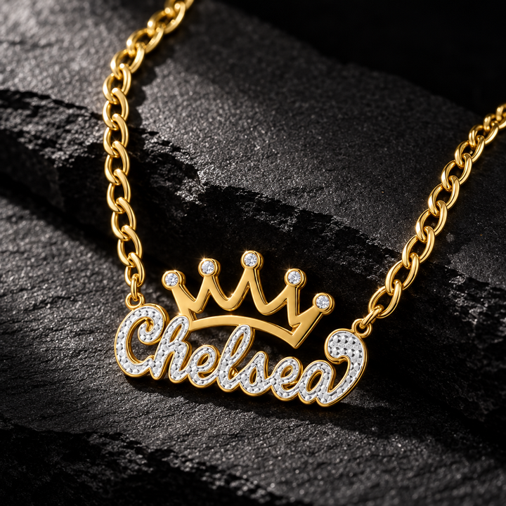 Personalized Crown Double Name Necklace with Beading