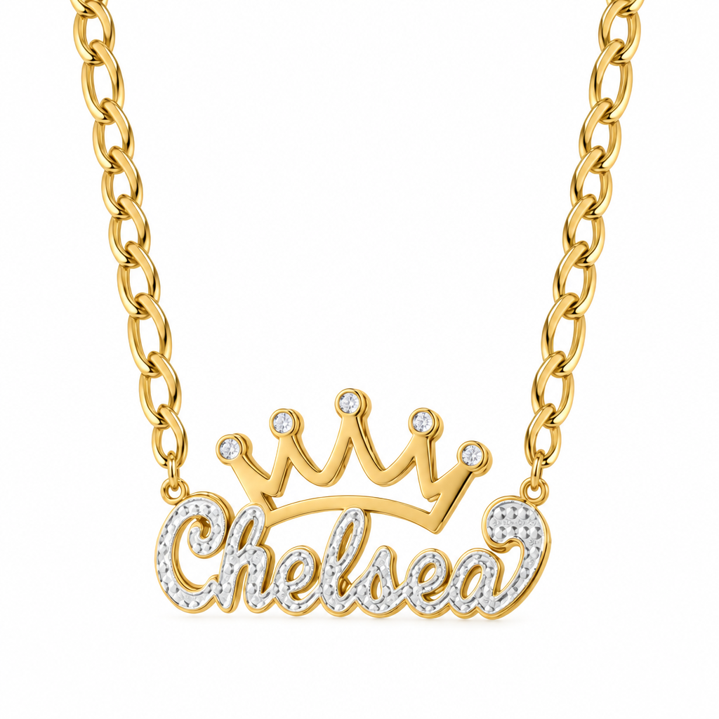 Personalized Crown Double Name Necklace with Beading