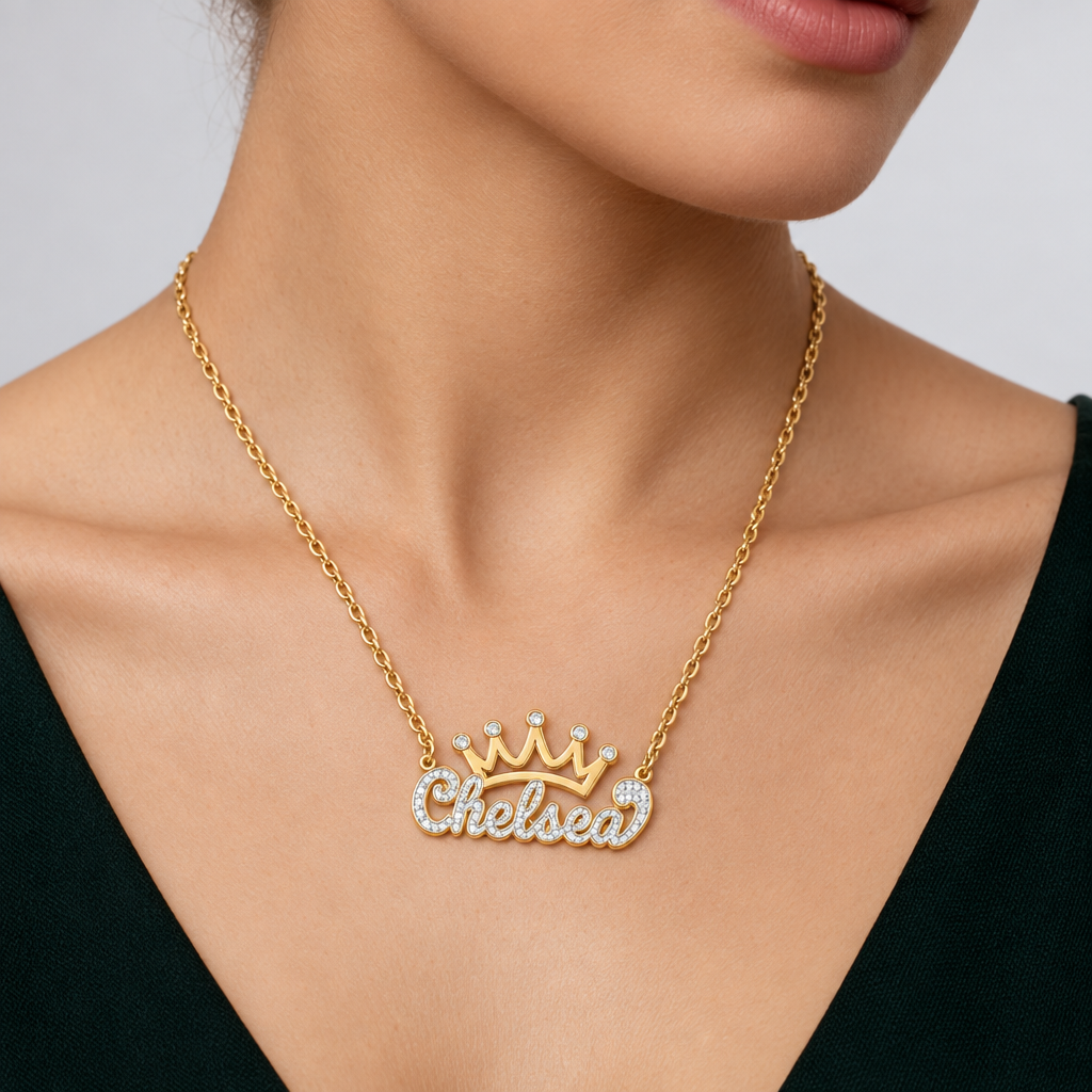 Personalized Crown Double Name Necklace with Beading