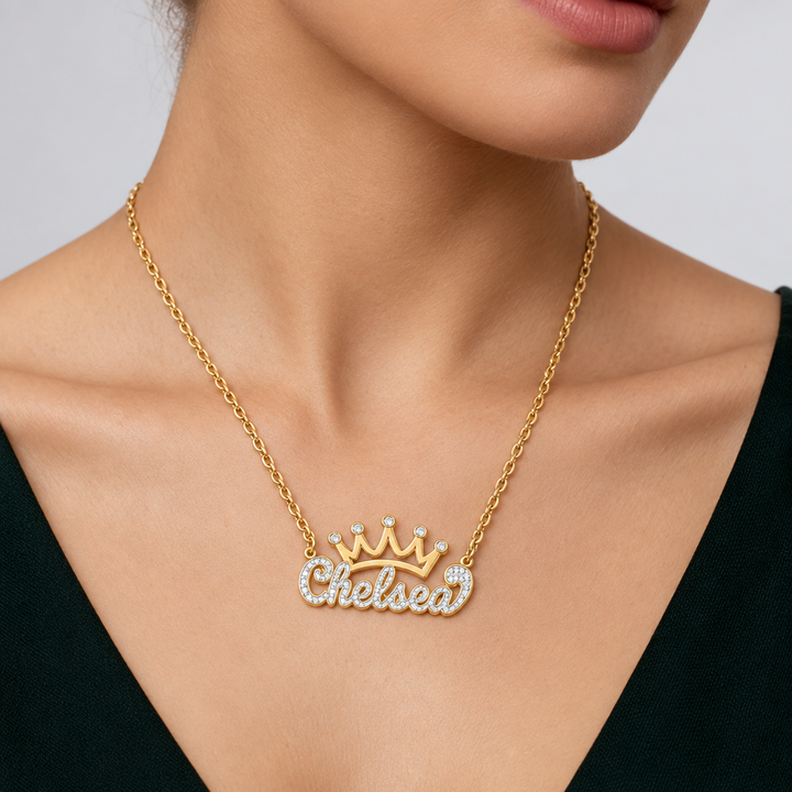 Personalized Crown Double Name Necklace with Beading