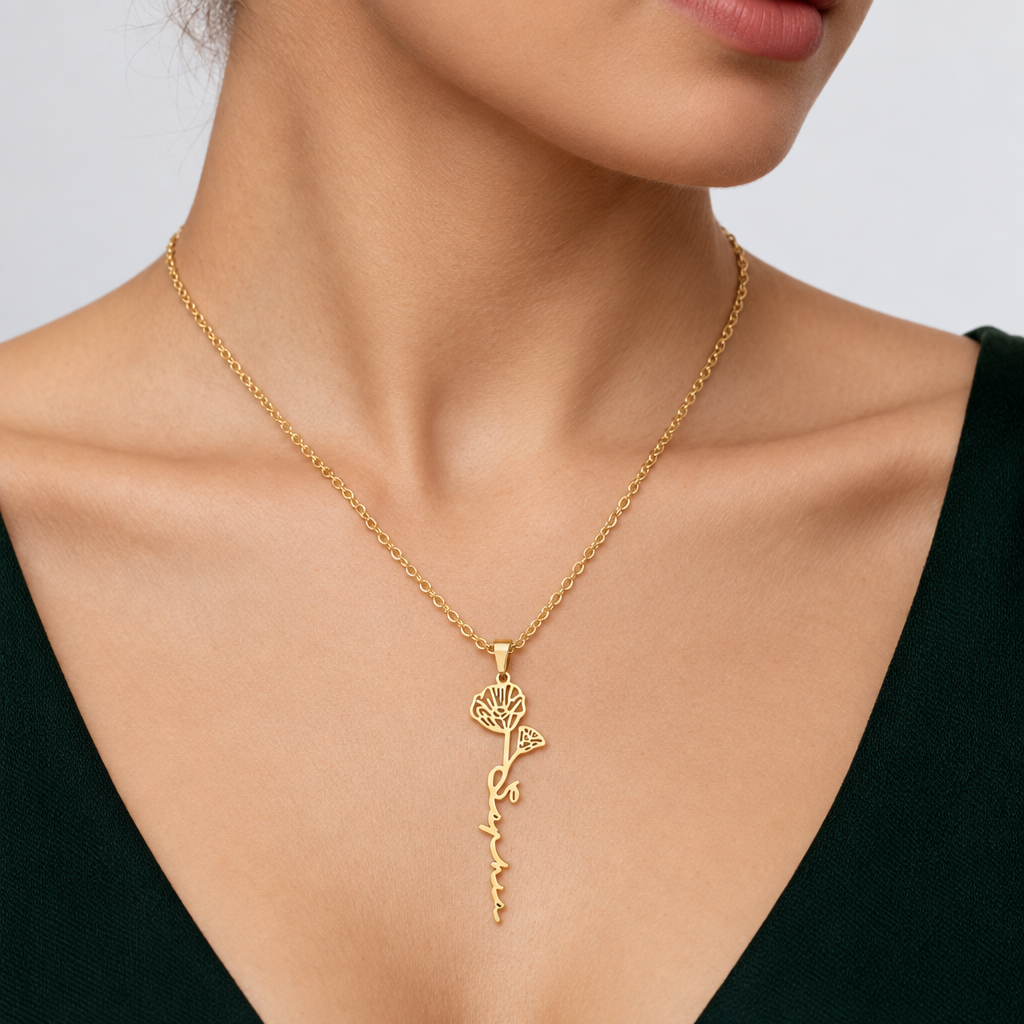 Personalized Birth Flower Single Name Necklace