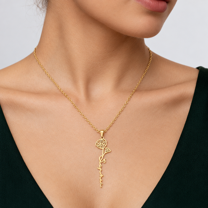 Personalized Birth Flower Single Name Necklace